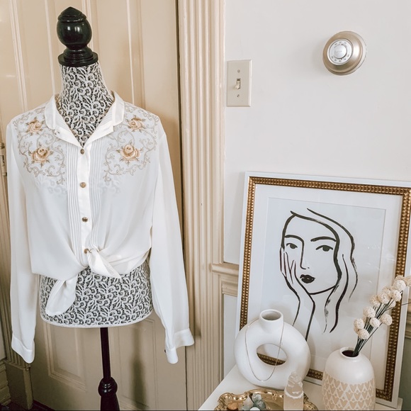 Vintage Tops - Vintage Cream Embroidered Paneled Blouse SZ 14